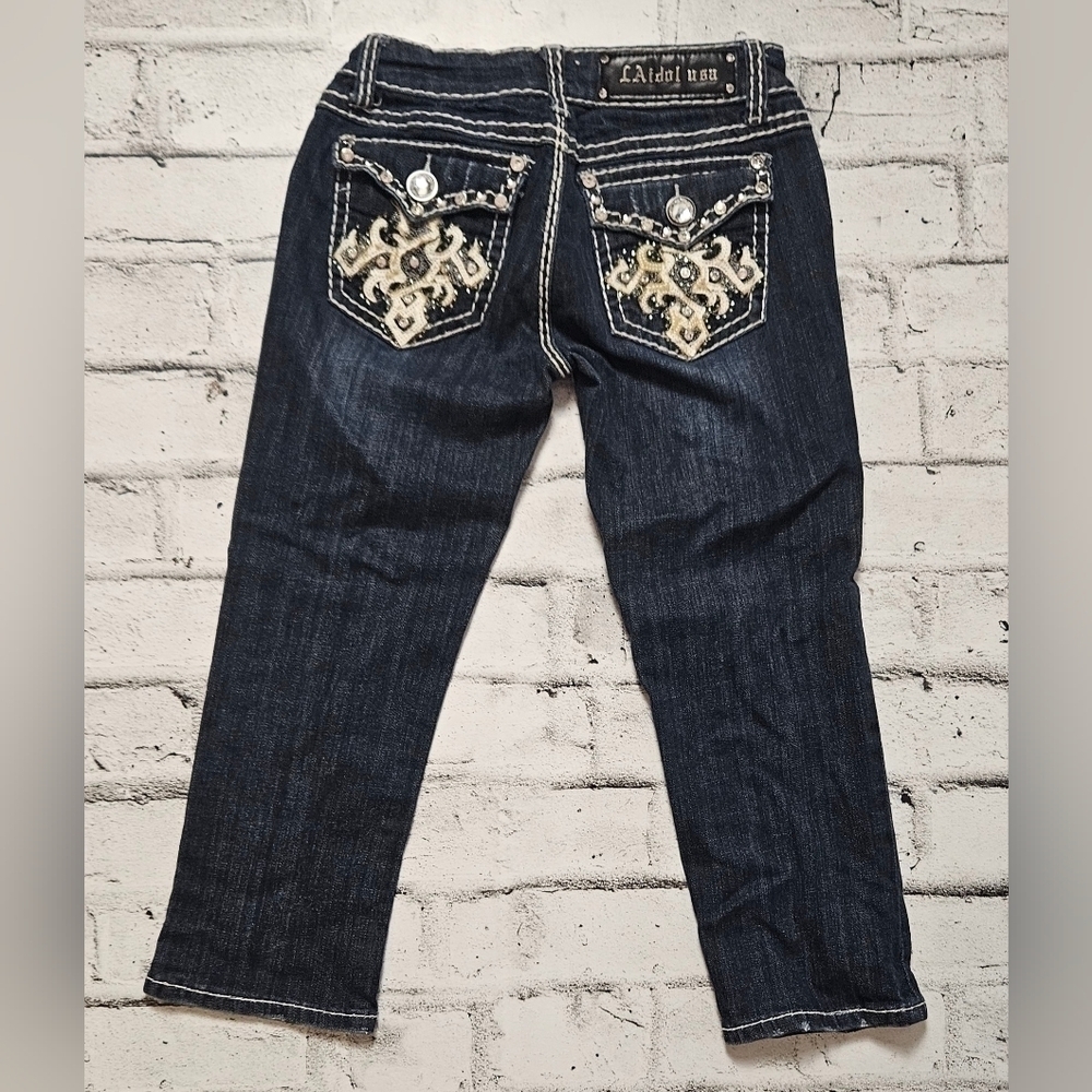 LA Idol Dark Wash Embellished Denim Capris Y2K Bling Pockets